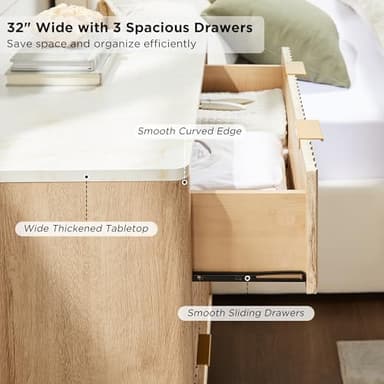 T4TREAM 32" Tall Fluted Nightstand Set of 2, Modern Side Table with Faux Marble Top, 3 Drawers End Table w/Storage, Bedside Table for Bedroom, Living Room, Curved Profile Design, Natural Oak - Image 5
