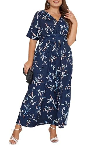 Keluummi Plus Size Wedding Guest Maxi Dresses for Curvy Women, Summer Formal Floral V Neck 3/4 Sleeve A Line Long Party Dress(22 Plus, 02 - Navy Blue Floral) - Image 1