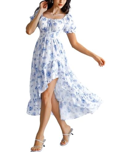 Corset Dress Floral Summer Dresses for Women Wedding Guest Chiffon Sundress Blue XXL - Image 2