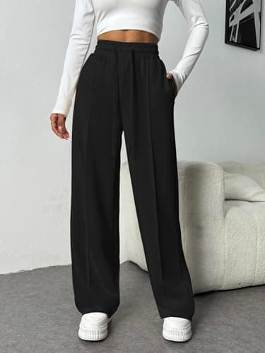 PINSPARK Wide Leg Sweatpants for Women's High-Waist Loose Fitting Pants with Slanted Hand Pockets Spring Fall Black M - Image 4