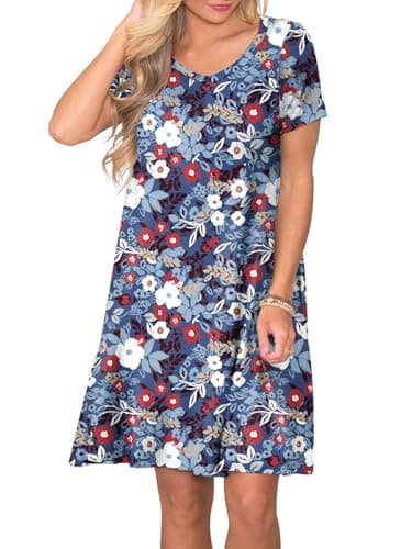 lionstill Women's Casual T Shirt Dress Summer Fashion Short Sleeve Swing Floral Dresses with Pockets, Mixed Flowers Pale Blue XL - Image 2