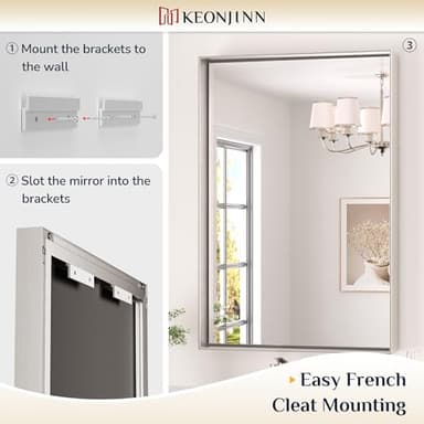 Keonjinn 24 x 36 In Brushed Nickel Bathroom Mirror, Rectangular Metal Framed Wall Vanity Mirror for Over Sink Square Corner Aluminum Alloy Modern Farmhouse Rectangle Silver Mirror(Horizontal/Vertical) - Image 4