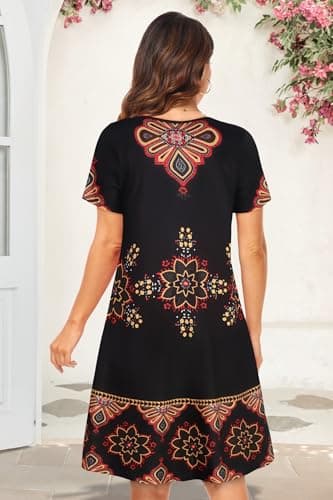 elescat Sundresses for Women Summer Casual Beach Short Sleeve Swing Pockets Loose Fit Flowy T Shirt Dress (Black Red Boho, L) - Image 5