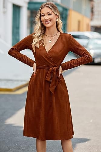 Newshows Womens 2025 Fall Dresses Teacher Church Business Casual Work Outfits Knit Midi Sweater Pockets Belt Dress(Caramel, L) - Image 2