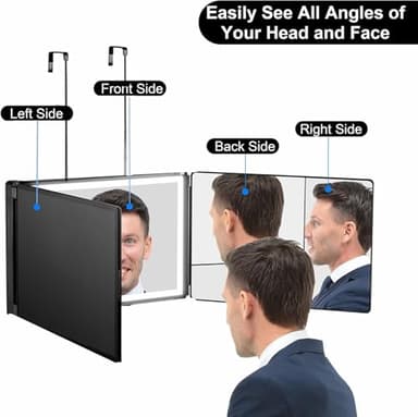 Vanexiss Rechargeable 3 Way Mirror for Hair Cutting, Real Glass Adjustable Trifold Mirror with 3 Color Temps LED Light & Telescoping Hooks for Makeup, Shaving & Styling - Image 6