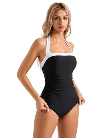 SUUKSESS Women Sexy Tummy Control One Piece Swimsuits Halter Slimming Retro Monokini Bathing Suits Color Block Swimwear (Black White,S) - Image 2