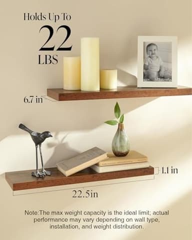 BAYKA Floating Shelves, 22.5" Wall Mounted Wood Shelves for Bathroom, Bedroom, Living Room, Kitchen, Hanging Shelf for Books/Storage/Decor with 22lbs Capacity (Rustic Brown,Set of 2) - Image 5