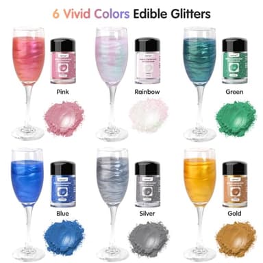 CRPTHE 6 Colors Luster Dust Edible Set, Edible Glitter for Cocktails, Food Grade Glitter Shimmer Sprinkle Powder for Drinks, Baking, Beverages, Cakes, Strawberries, Cookies, Fondant, Vegan(5g/Bottle) - Image 3
