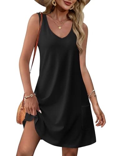 OFEEFAN Summer Dresses for Women 2025 Loose V Neck Casual Dress Sundresses Beach Fashion Plain Black XL - Image 1
