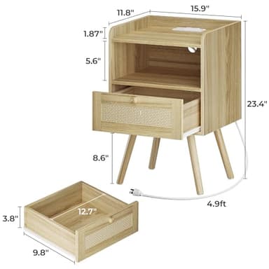 SUPERJARE Nightstands Set of 2, Night Stands with Charging Station & PE Rattan Decor Drawer, Bed Side Tables with Solid Wood Feet, End Table, for Bedroom, Living Room - Natural - Image 3