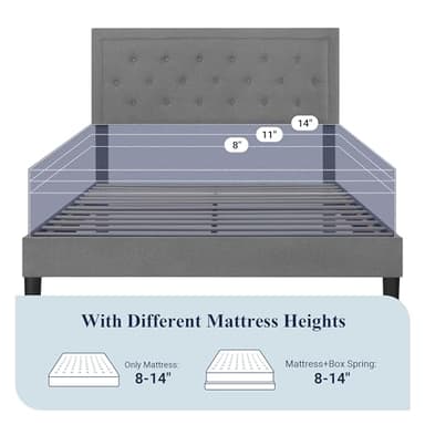 Allewie Queen Size Upholstered Platform Bed Frame with Adjustable Headboard, Button Tufted, Wood Slat Support, Easy Assembly, Light Grey - Image 6