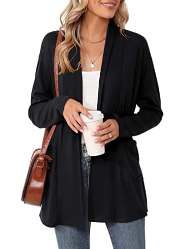 Micoson Women's Lightweight Open Front Black Cardigan Casual Loose Long Sleeve Cardigan Sweaters with Pockets L - Image 1