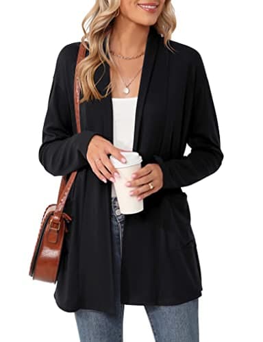 Micoson Women's Lightweight Open Front Black Cardigan Casual Loose Long Sleeve Cardigan Sweaters with Pockets L - Image 1
