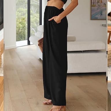 Duyang Womens Cotton Linen Palazzo Pants Drawstring Elastic Waist Casual Wide Leg Trousers with Pockets(Black,L) - Image 3