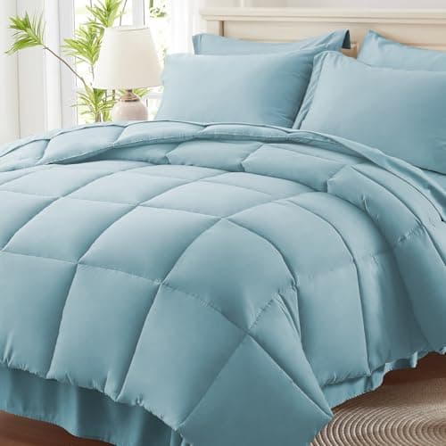 Anluoer King Comforter Set 7 Piece, Light Blue Bed in a Bag with Sheets, Comforters King Size Bedding Sets with 1 Comforter, 2 Pillow Shams, 2 Pillowcases, 1 Flat Sheet,1 Fitted Sheet - Image 1