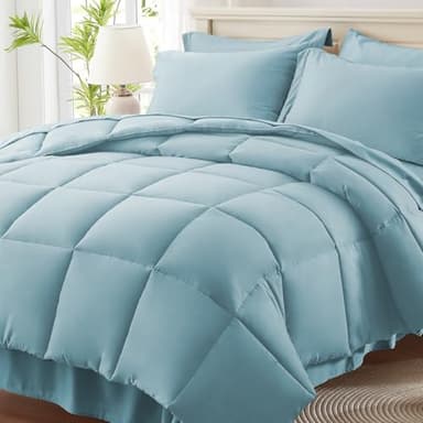Anluoer King Comforter Set 7 Piece, Light Blue Bed in a Bag with Sheets, Comforters King Size Bedding Sets with 1 Comforter, 2 Pillow Shams, 2 Pillowcases, 1 Flat Sheet,1 Fitted Sheet - Image 1