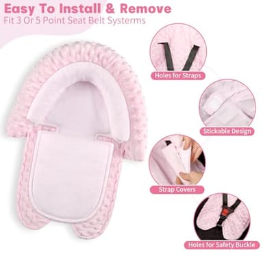 Infant Car Seat Insert, HNHUAMING Baby Car Seat Head & Body Support with 2 Straps Pads, Ultra Soft Newborn Preemie Carseat Insert Cushion for Girls Boys, Fits Car Seat, Stroller, Swing, Bouncer, Pink - Image 5