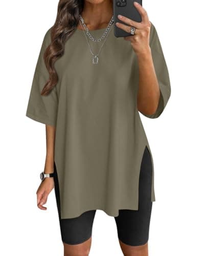 VNIRA Oversized T Shirt for Women Losse Fit Cotton Short Sleeve Workout Top Summer Casual Blouse Basic Split Hem Tee Tops Army Green - Image 1