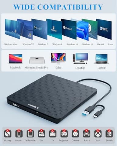 ORIGBELIE External CD DVD Drive for Laptop, USB 3.0 Type-C Ultra Slim 13mm DVD Player Portable CD DVD +/-RW Drive CD Burner Reader Writer Recorder for Desktop PC Windows 11/10/8/7 Linux Mac OS (Black) - Image 6