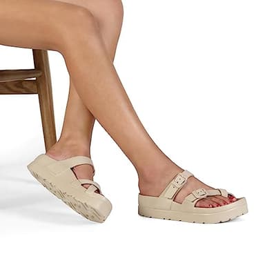 TIKVAW Womens Arch Support Platform Sandals Comfort Slides Thick Soles Flat Sandals With Adjustable Buckle & Ultra Cushion Beige Size 8-8.5 - Image 4