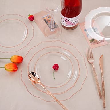 Liacere 150PCS Rose Gold Plastic Plates - Clear Rose Gold Disposable Plates with Glitter Bamboo Handle Cutlery - 60 Baroque Elegant Plates, 30 Forks, 30 Spoons, 30 Knives for Thanksging day&Chrismas - Image 6