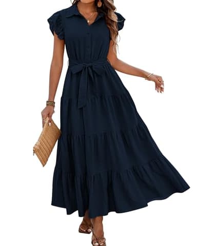 dowerme Women's Summer Casual Dresses 2025 Cap Ruffle Sleeve V Neck Button Belted Tiered Boho Maxi Dress with Pockets(Navy,Large) - Image 1