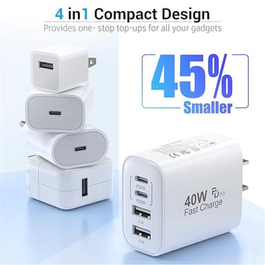 TT&C USB C Block 40W, 4 Ports Wall Plug Fast Charging Block, PD+QC Multiport Power Adapter USB C Charger Type C for iPhone 17, 17 Air, 17 Pro, 17 Pro Max, 16,15,14,13,12, Galaxy Phones (White 2Pack) - Image 6