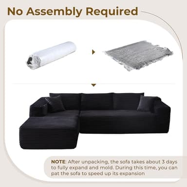 104" L-Shape Modular Sectional Sofa Couch - Comfy Upholstered Cloud Couch for Living Room - Modern Minimalist Couches,Deep Seat,No Assembly Required (Black,Plush Corduroy, Left Facing Chaise) - Image 3