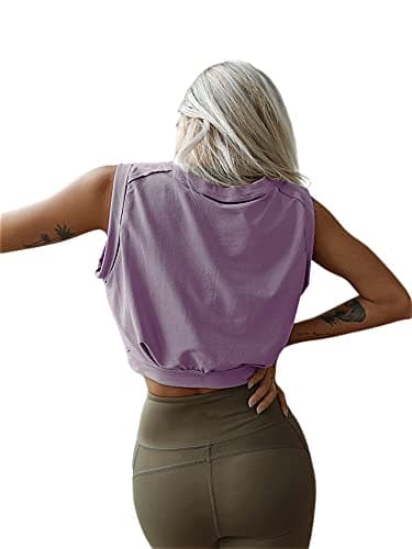 ARRIVE GUIDE Workout Crop Tops for Women Cute Loose Fit Tank Top Casual Summer Yoga Athletic Sports Cinched Waist Cropped Cap Sleeve Gym Cotton T Shirts M Grey Purple - Image 2