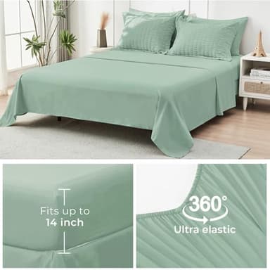 HYMOKEGE Sage Green Queen Comforter Set Seersucker 7 Pieces, All Season Luxury Bed in a Bag for Bedroom, Bedding Set with Comforters, Sheets, Pillowcases & Shams - Image 7