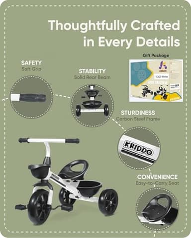 KRIDDO Kids Tricycles for 2-4 Year Olds, Toddler Trike Gift for 24 Months to 4 Years, White - Image 5