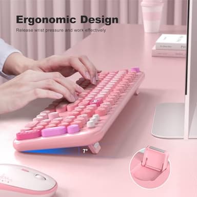 MOFII Wireless Keyboard and Mouse Combo, Full Size 2.4G Plug and Play Typewriter Retro Round Computer Keyboard and Mouse Set for Windows, Computer, Desktop, PC, Notebook - (Pink Colorful) - Image 4