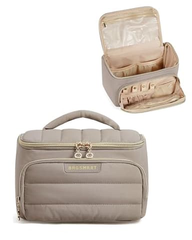 BAGSMART Travel Makeup Bag with Jewelry Organizer, Portable Make Up Bag, Puffy Wide-Opening Cosmetic Storage Pouch for Women’s Toiletries and Travel Essentials (Brown) - Image 1