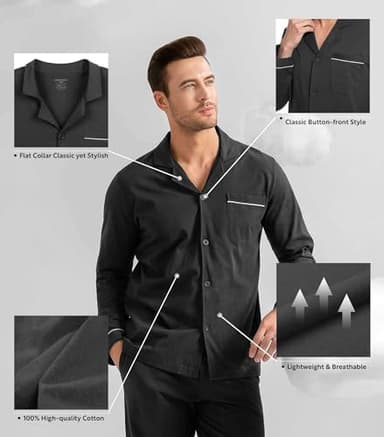 DAVID ARCHY Mens Pajamas Set Soft Cotton Notched Collar Pajamas for Men Long Sleeve Mens Sleepwear with Pockets & Front Fly (L, Black) - Image 3