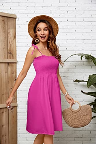 Girl's Women's Summer Spaghetti Strap Beach Dresses Hawaiian Hoilday Smocked Midi Sun Dress Ruffle Square Neck, Hot Pink, 6-7 Years = Tag 140 - Image 7