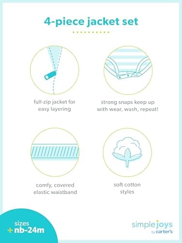 Simple Joys by Carter's Baby Girls' 4-Piece Jacket, Pant, and Bodysuit Set, Black Dots/Mint Green Unicorn/White Snowflake/Floral, 6-9 Months - Image 2