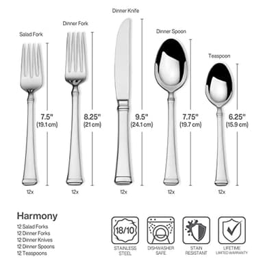 Mikasa Harmony 65-Piece Flatware Set for 12, 18/10 Stainless Steel Silverware with Forks, Knives, Spoons, and Serving Utensils, Elegant Design - Image 9