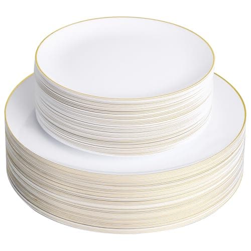 Bestluck 100PCS White Plastic Plates with Gold Rim, White Gold Disposable Plates for Party, Wedding, Include 50 Dinner Plates, 50 Dessert Plates for 50 Guests - Image 1