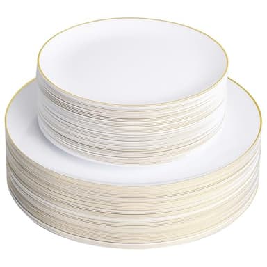 Bestluck 100PCS White Plastic Plates with Gold Rim, White Gold Disposable Plates for Party, Wedding, Include 50 Dinner Plates, 50 Dessert Plates for 50 Guests - Image 1