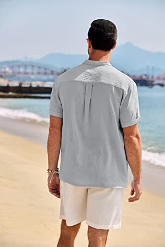COOFANDY Men Hippie Beach T-Shirts Band Collar Henley Shirt Summer Resort Wear Light Grey - Image 3