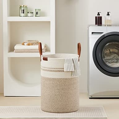 VIPOSCO Tall Laundry Basket, Large Dirty Clothes Hamper with Leather Handle, Woven Rope Storage Basket for Blanket, Toy In Living Room, Bathroom, Bedroom - 72L Brown & White - Image 7