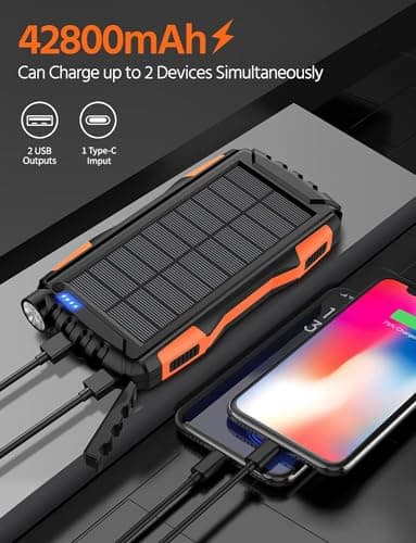 Solar Charger, Power Bank, 42800mAh Portable Charger Power Bank External Battery Pack 5V3.1A Qc 3.0 Fast Charger Built-in Super Bright Flashlight (Orange) - Image 2
