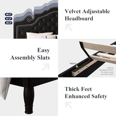 Allewie Queen Velvet Bed Frame with Adjustable Headboard, Wooden Slats, No Box Spring Needed, Easy Assembly, Black - Image 4