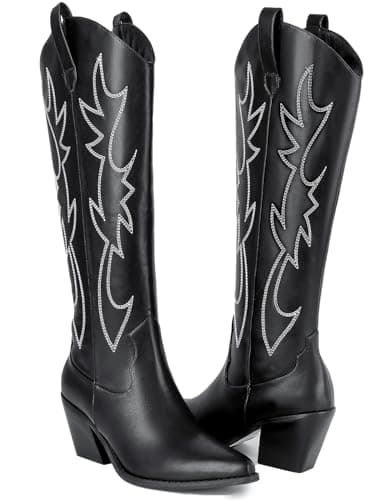 Mostrin Black Cowgirl Boots Embroidered Cowboy Boots for Women Almond Toe Mid Heel Pull On Zipper Western Fashion Knee High Boot Size 7.5 - Image 3