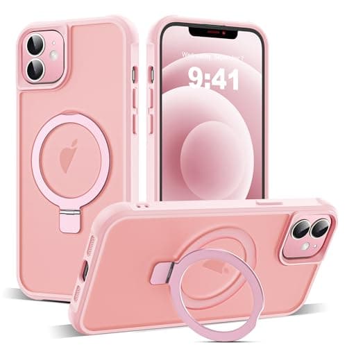 SKYLMW Compatible with iPhone 12 Case & iPhone 12 Pro Case with Invisible Magnetic O-Ring Stand Translucent Phone Cases 6.1" [Compatible with Mag-Safe][Great Grip Feeling], Pink - Image 1
