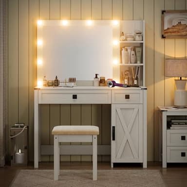Furniouse 41.6'' Farmhouse Vanity Desk with Mirror and Lights, Makeup Vanity with Large Drawers & Adjustable Shelves, Modern Vanity Set with Stool for Bedroom, Off White - Image 3