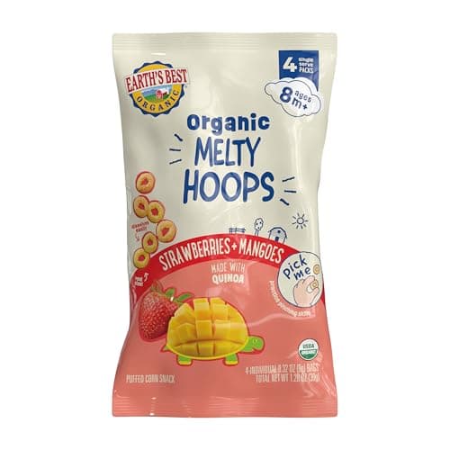 Earth's Best Organic Melty Hoops, Bite-Sized Snacks for Babies 8 Months and Up, Strawberry and Mango, 0.32 Ounce Individual Bags (Pack of 4) - Image 1