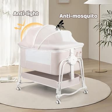 suihuooo 4 in 1 Baby Bassinet Bedside Sleeper, Rocking Baby Crib with Lockable Wheels, Storage, Mosquito Net and Matress Included, 7 Level Adjustable Bedside Bassinet for Baby Newborn(Cream) - Image 6