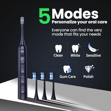 Electric Toothbrush, Marlincare Electric Toothbrush for Adults 180 Days Battery Life Rechargeable with 5 Modes, 48000VPM Motor Smart Timer IPX8, Sonic Toothbrush with 4 Brush Heads &Travel Case, Black - Image 8