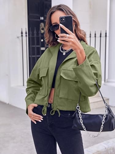 Tankaneo Women Casual Cropped Jackets Zip Up Lightweight Military Safari Short Utility Coat with Pockets - Image 5